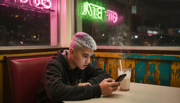 Teenage boy with dyed hair browsing smartphone while sitting alone in retro diner booth at night, milkshake on table, neon signs glowing through window with copy space for text