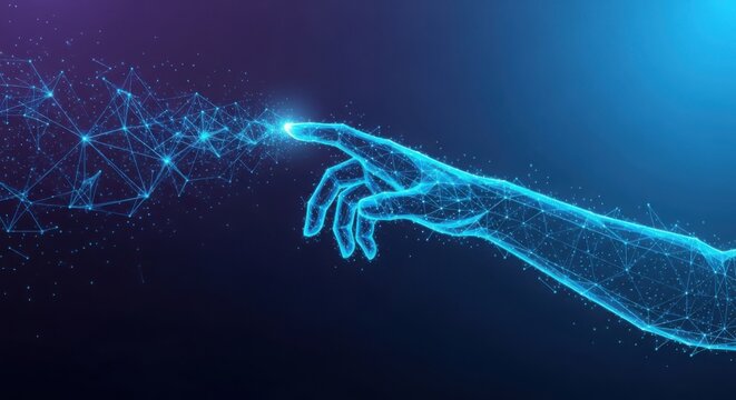 Digital human hand reaching out with glowing light particles in space illustration
