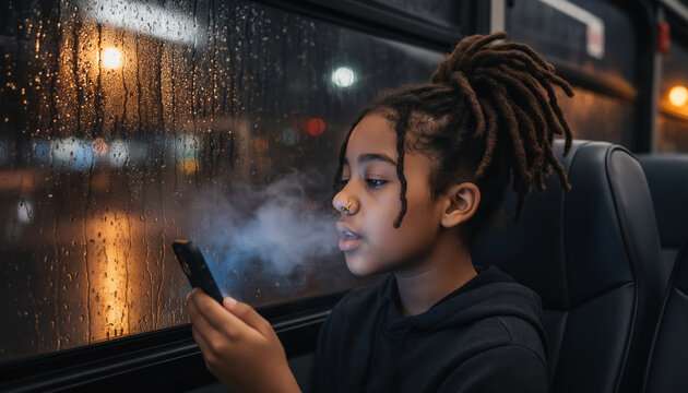 Teenage girl holding smartphone while sitting by rainy train window at night, breath visible in cold air, quiet commute moment with warm city lights reflecting with copy space
