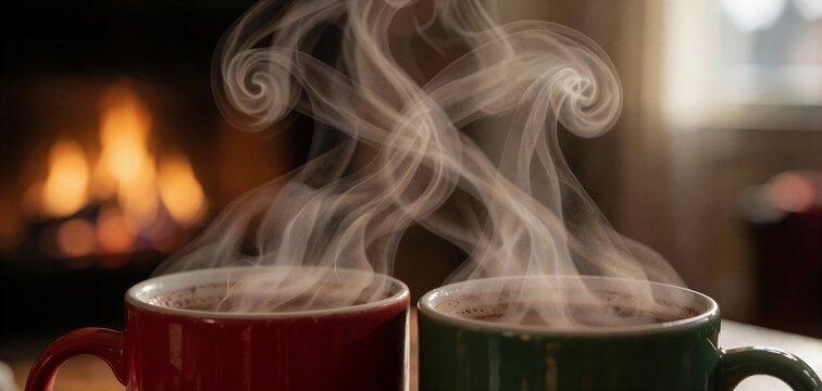Steaming hot chocolate in red and green mugs against a cozy fireplace glow, perfect for a post-baking treat.