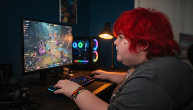 Focused teenage gamer with red hair playing video game on desktop computer setup, typing on keyboard in colorful lit gaming room, esports hobby and technology with copy space for text