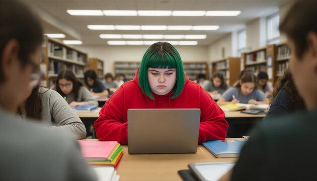 Focused teenage student typing on laptop at busy library table surrounded by classmates studying, wearing red hoodie, academic concentration and school life with copy space for text