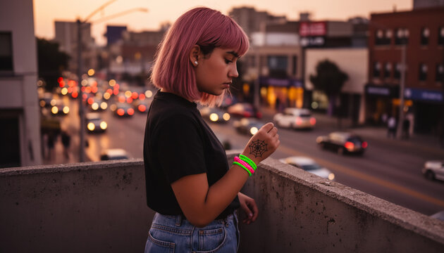 Teenage girl with pink hair drawing henna design on wrist while standing on city rooftop at dusk, urban street lights glowing below, self expression and gen z style with copy space