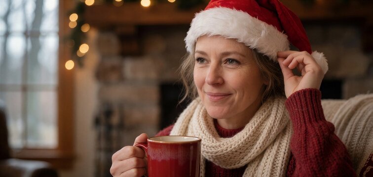 Woman holding a warm Christmas holiday drink, wearing a Santa hat and cozy sweater near a fireplace.