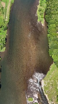 Aerial View of Rural Summer Landscape in Yamaguchi Japan with River and Rice Fields, Vertical 03