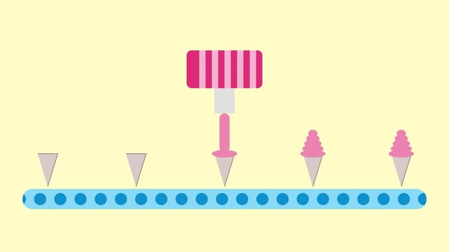 Automated production line animation of pink soft serve ice cream cones on a blue conveyor belt factory