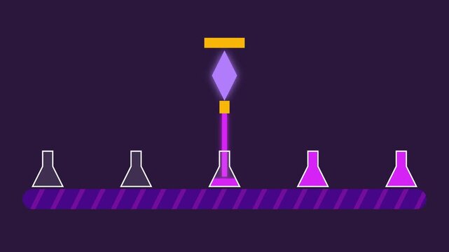 Minimalist flat animation of an automated industrial conveyor belt filling chemical flasks in a laboratory setting.