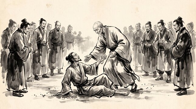 teacher helping a fallen man to his feet before a watching crowd