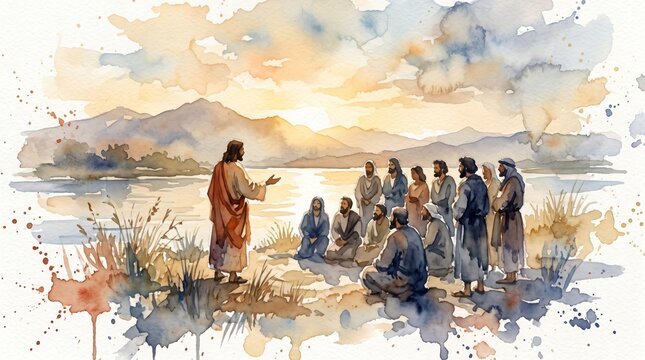 teacher speaking to seated disciples beside a river at sunset