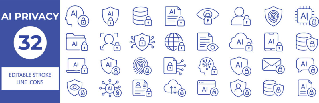 AI Privacy Vector Outline Icons Set,Artificial Intelligence Security, Data Protection, Encryption, Cybersecurity and Privacy Line Symbols Collection