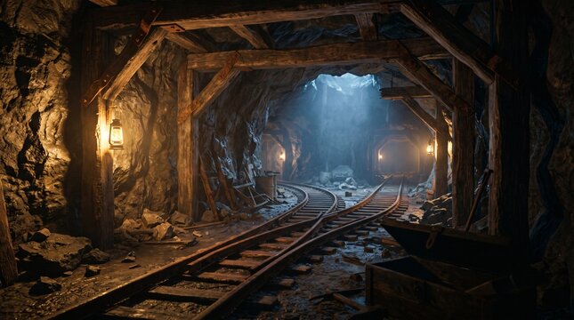 Abandoned underground mine tunnel with wooden supports and train tracks leading into light