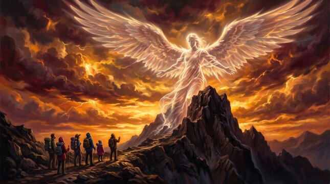 translucent angel rising behind ancient ruins