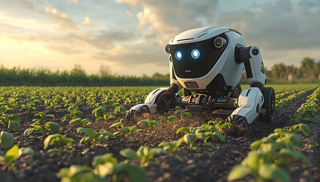 Autonomous futuristic farming robot inspecting green crop seedlings in a sunlit agricultural field
