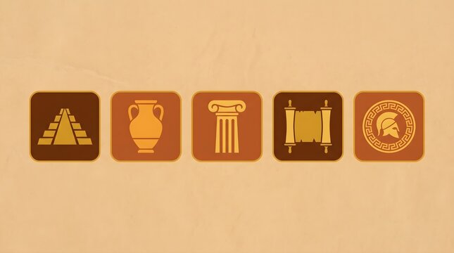 Ancient civilization icons set, 5 history symbols in earth tones, archaeological artifacts including pyramid and amphora, vintage educational graphics