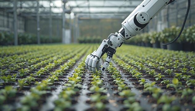 Robotic arm tending to plant seedlings inside modern industrial greenhouse