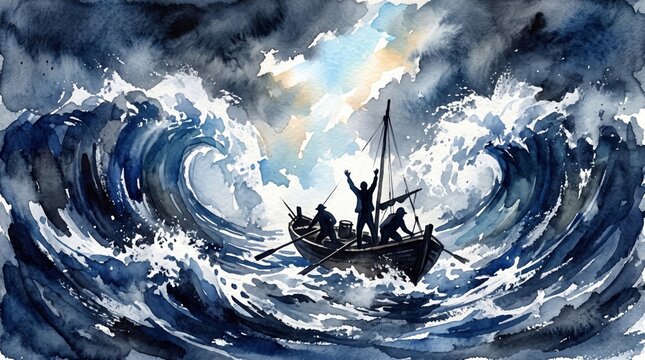 travelers in a boat crossing a stormy ocean