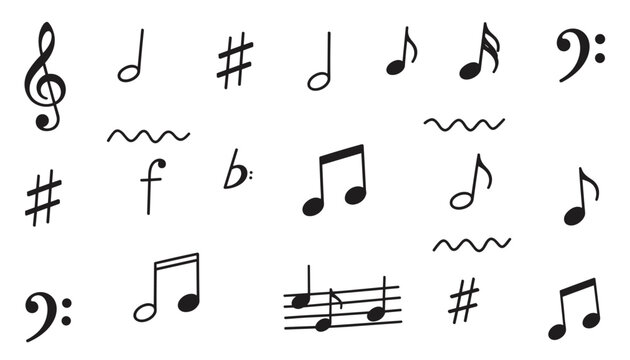 Set of various black music notes and musical symbols drawn in sketchy style, isolated on a white background.