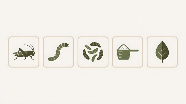 Minimalist insect protein icons set, edible bug and cricket flour symbols, sustainable food source illustrations for packaging design