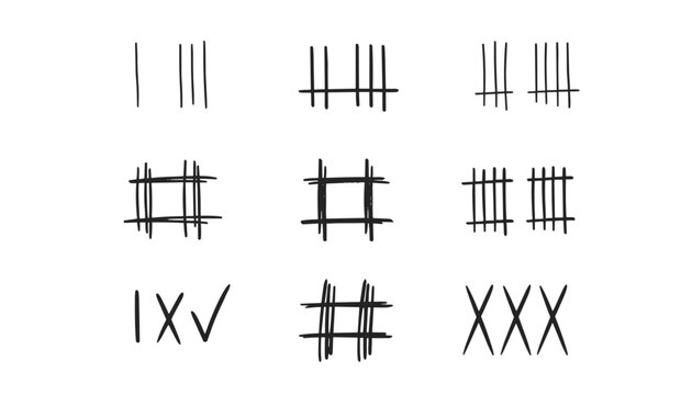 Collection of hand drawn tally marks, Roman numerals, and hashes representing counting, scores, and prison escape time.