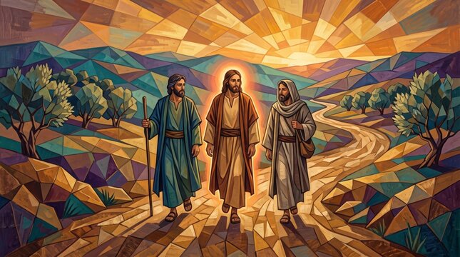 two travelers walking beside a robed figure along a winding mountain road