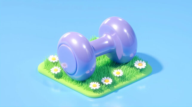 3D render of a purple glossy dumbbell on a small green grass patch with white daisies over a light blue background