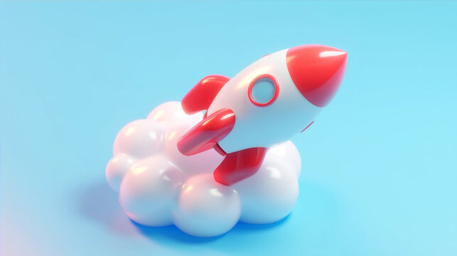 3D illustration of a red and white cartoon rocket ship launching with smoke on a light blue background