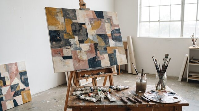 World Art Day contemporary studio with abstract canvas, acrylic paints and creative tools, celebrating artistic expression, imagination and visual creativity.