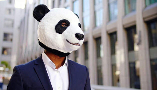 Businessman wearing panda mask
