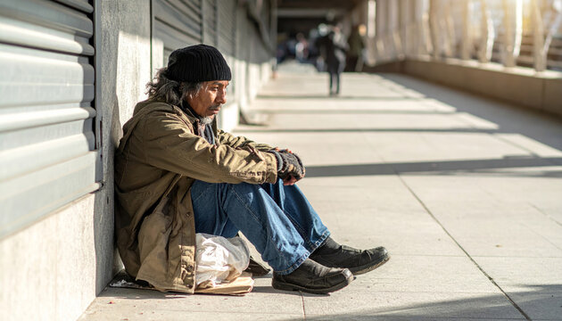 Homeless man sitting on urban sidewalk feeling neglected