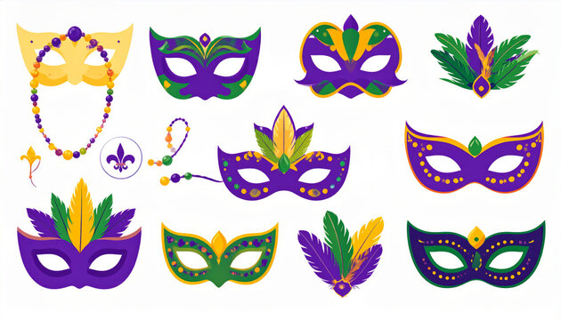 Mardi gras carnival masks beads and feathers set