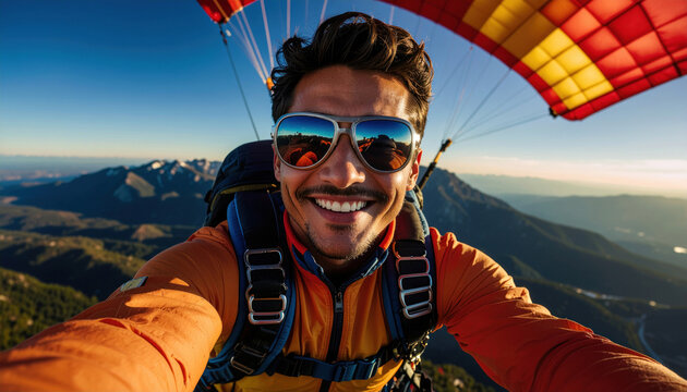 Man paragliding taking selfie over mountains