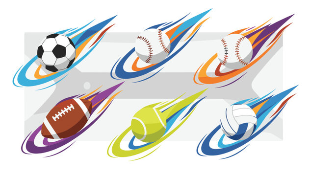 Sports balls including soccer baseball football tennis and volleyball with colorful dynamic flame tails.