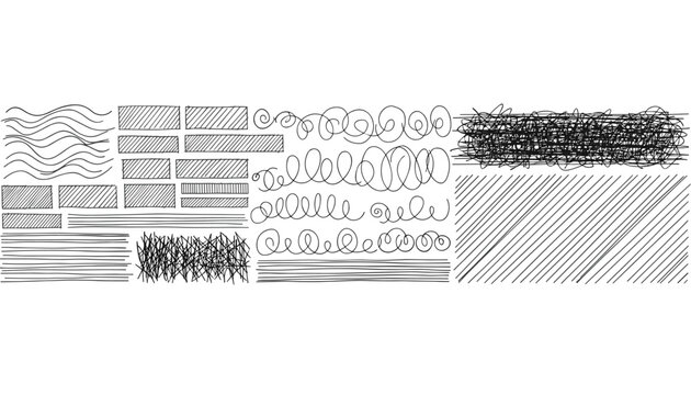 Extensive set of artistic hand drawn pen textures curls waves parallel lines and dense scribbles on white.