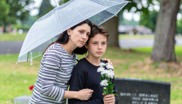 Mother and son mourning together in cemetery rain