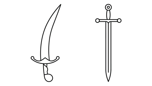 Simple line art vector illustration of a curved scimitar and a straight medieval longsword on a white background.
