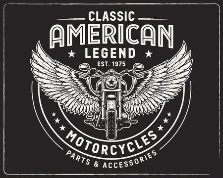 American legend vintage motorcycle emblem with eagle wings and retro typography for biker apparel graphics and club logos.