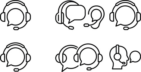 Fototapeta premium Customer service headset icons, call center support line art vector set, telemarketing communication symbols for help desk