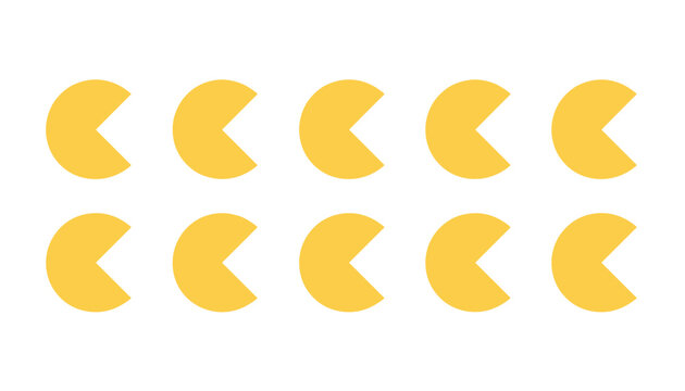 Graphic vector pattern of ten yellow circular shapes with mouth cutouts aligned in two neat rows on a white background.