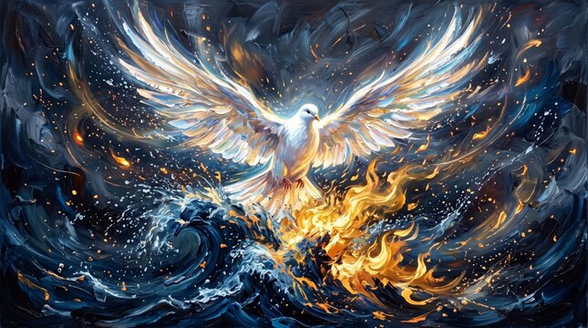 white dove emerging from rising fire