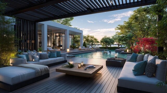 Luxury outdoor patio featuring plush modern white sofas and wooden coffee tables overlooking a serene blue swimming pool at sunset