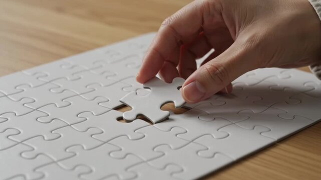 Hand Holding Final Puzzle Piece Over Incomplete Jigsaw