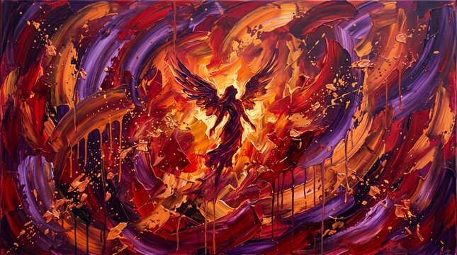 winged silhouette rising through rolling flames