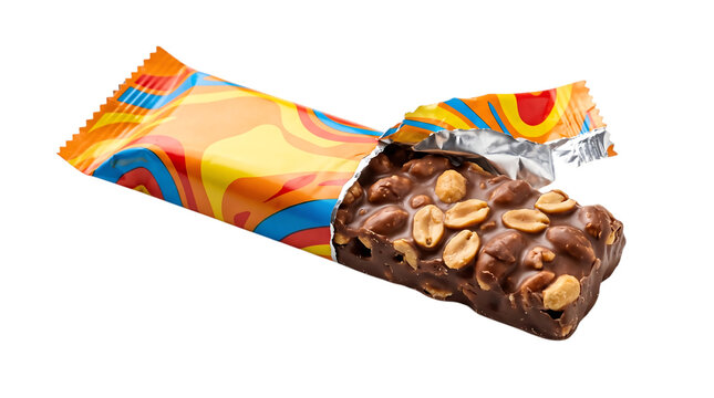 A delicious chocolate peanut protein bar in a colorful wrapper isolated on transparent background