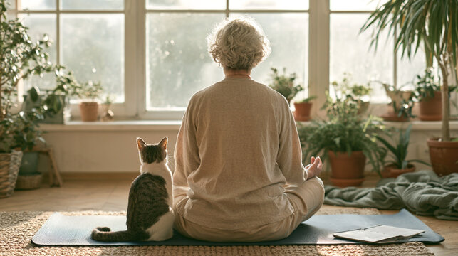 Senior woman meditating peacefully on yoga mat with cat companion indoors