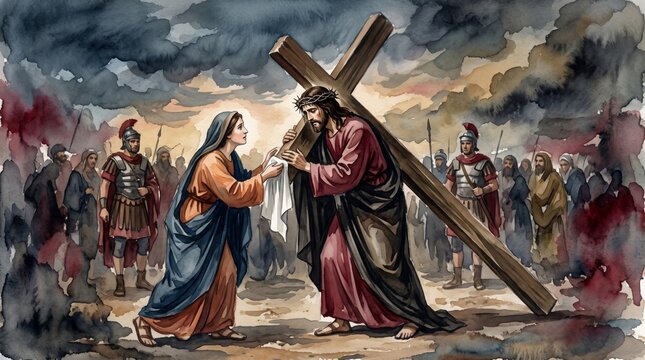 woman offering a cloth to a man carrying a cross