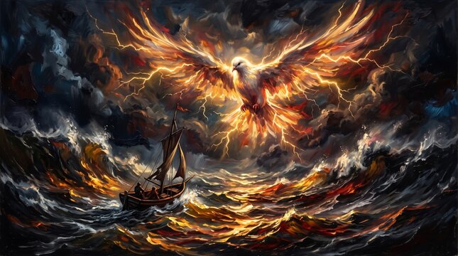 wooden boat crossing a dark stormy sea