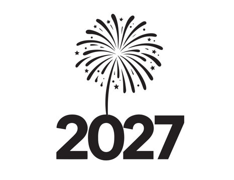 Fireworks display and year two thousand twenty seven vector silhouette on white