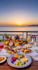 Fototapeta premium A lavish breakfast spread featuring an abundance of fresh fruits, pastries, and beverages is set against a stunning sunrise over the ocean.