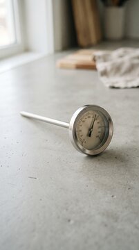 Kitchen Meat Thermometer on Grey Concrete Countertop for International Chefs Day and Culinary Precision Concept