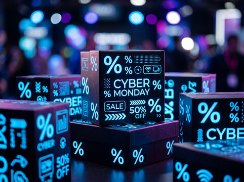 Cyber monday sale boxes with neon percentage signs and futuristic background
